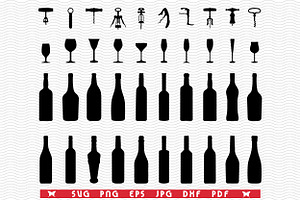 SVG Glasses, Bottles, Corkscrew