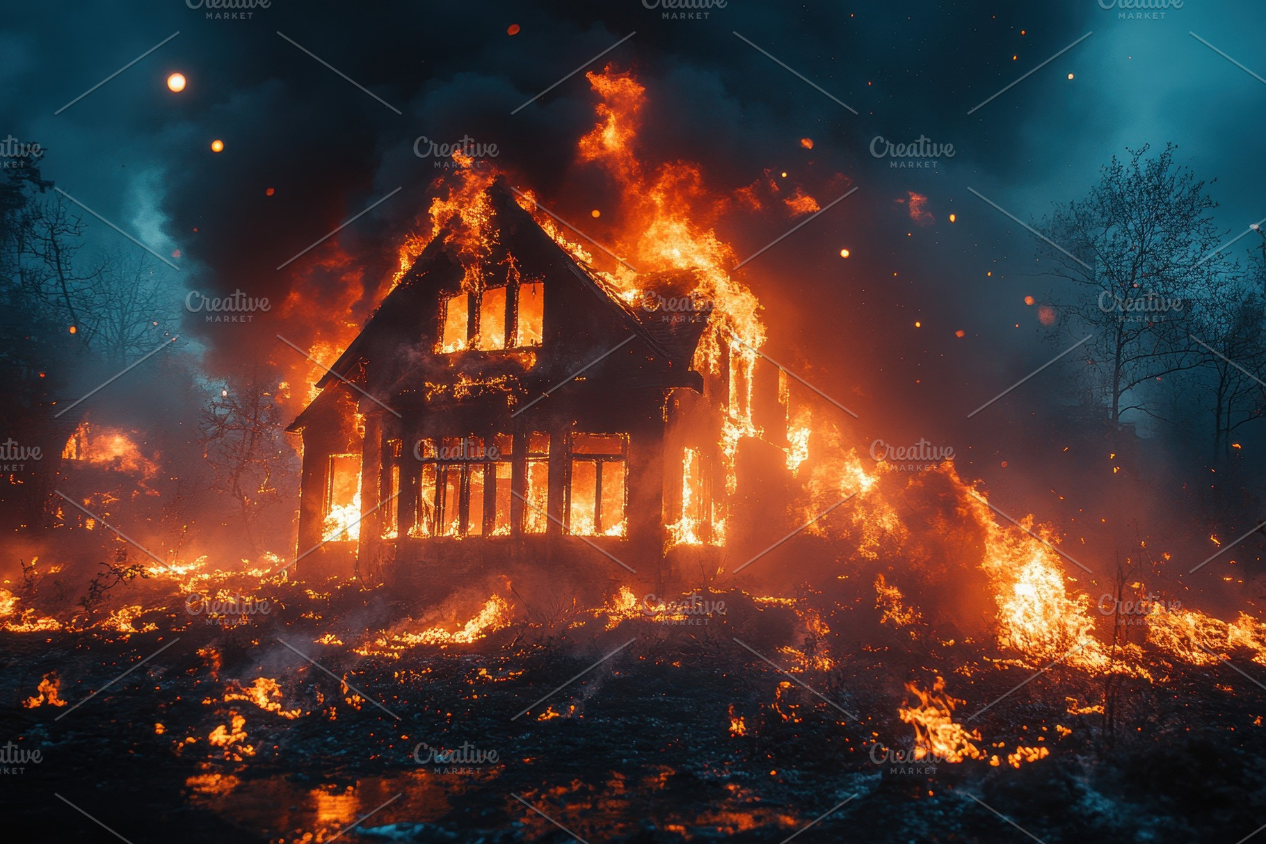 House engulfed in flames during a de, a Photo by Tanuart