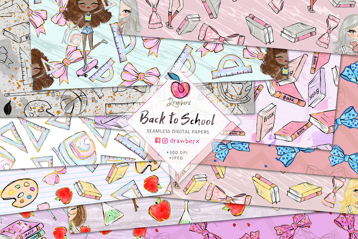 School Girls Seamless Paper Pack 002, a Pattern Graphic by Drawberx