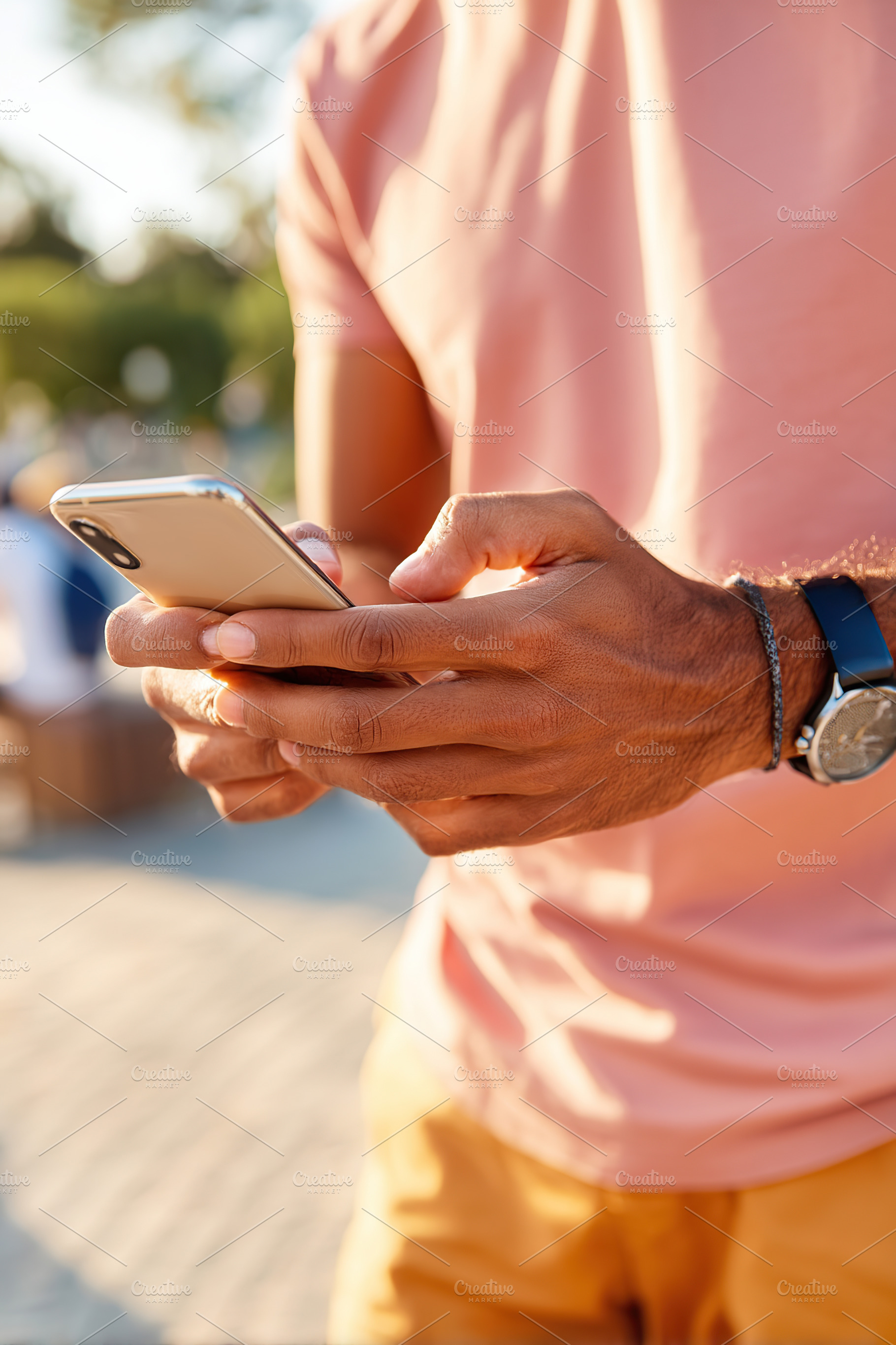 Young man focused on smartphone while standing outdoors during a sunny day, a Technology Photo by AlyaAnd