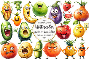 Funny Fruits & Vegetables Clipart, an Illustration by OK Design