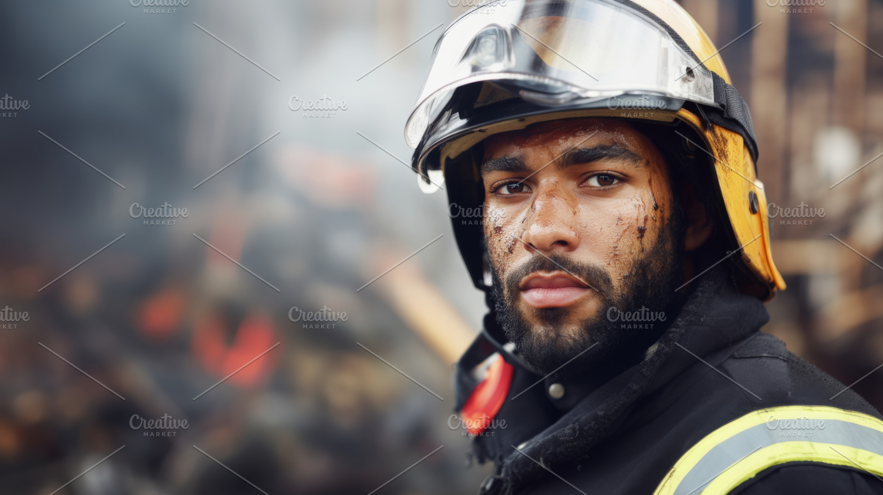 Firefighter facing camera with determined expression, emergency, a Photo by Dvoevnore photos