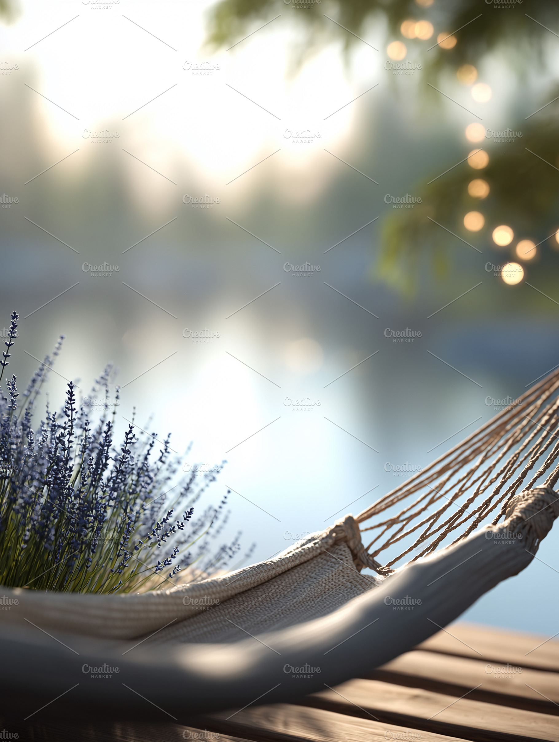 Cozy hammock with lavender by a calm, a Nature Photo by MistyDay