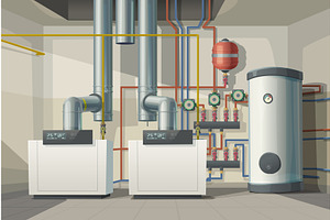 a modern boiler room heating system, an Illustration by IfH