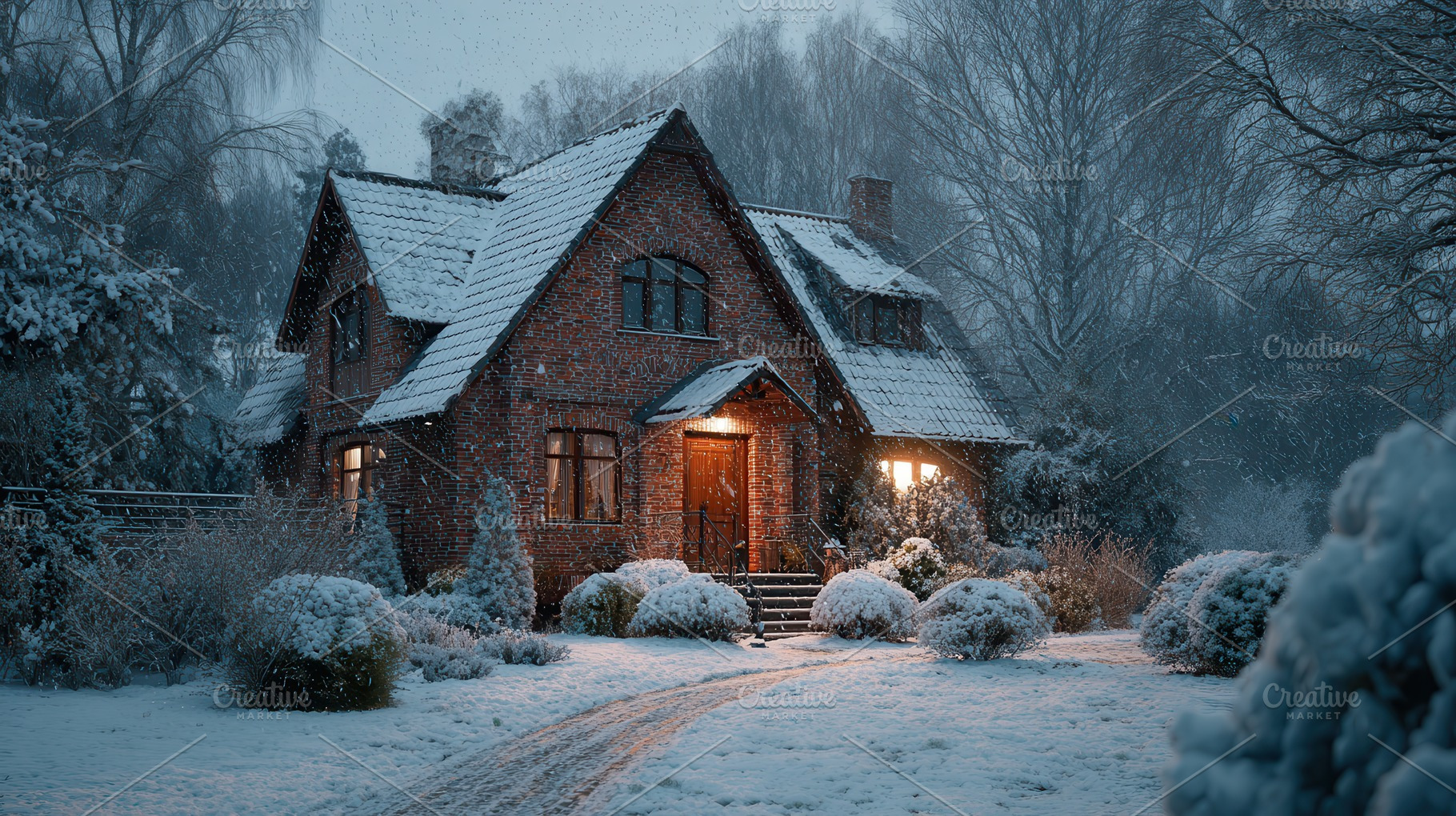 Cozy Brick House Winter Snowfall Nig, an Abstract Photo by Pixeness Studio