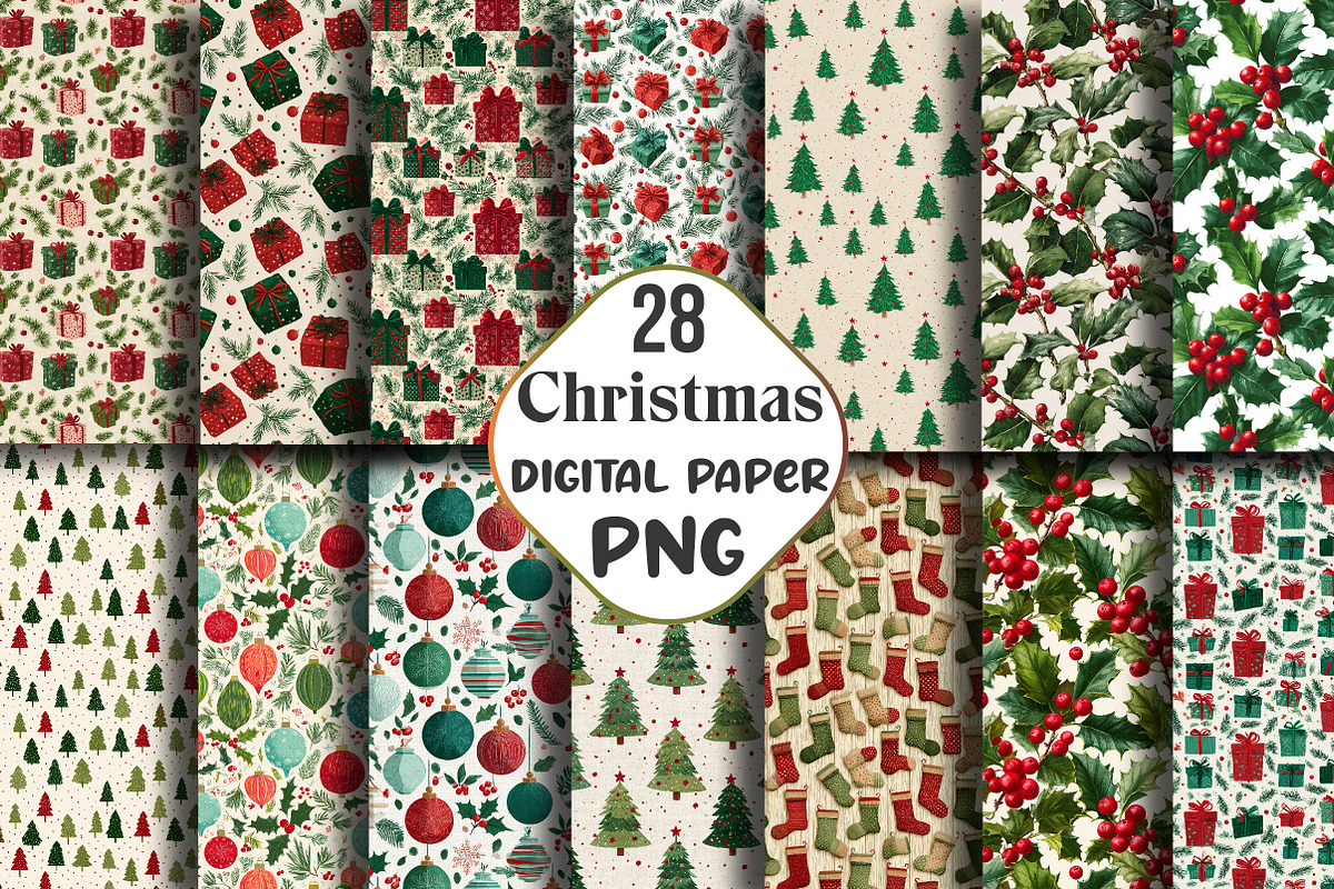 Merry & Bright Christmas Digital Pap, an Illustration by CraftArtStudio (Photo 1 of 3)