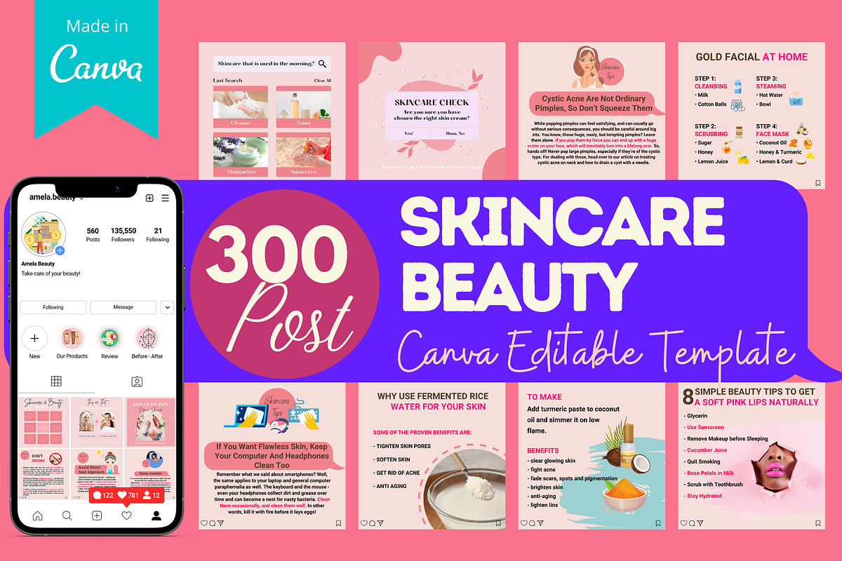 300 Skincare Beauty - Canva Editable, a Social Media Template by Viral Content Design (Photo 1 of 10)