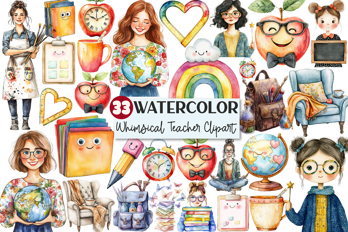Whimsical Teacher Themed Clipart, an Illustration by Rose Art (Photo 1 of 7)