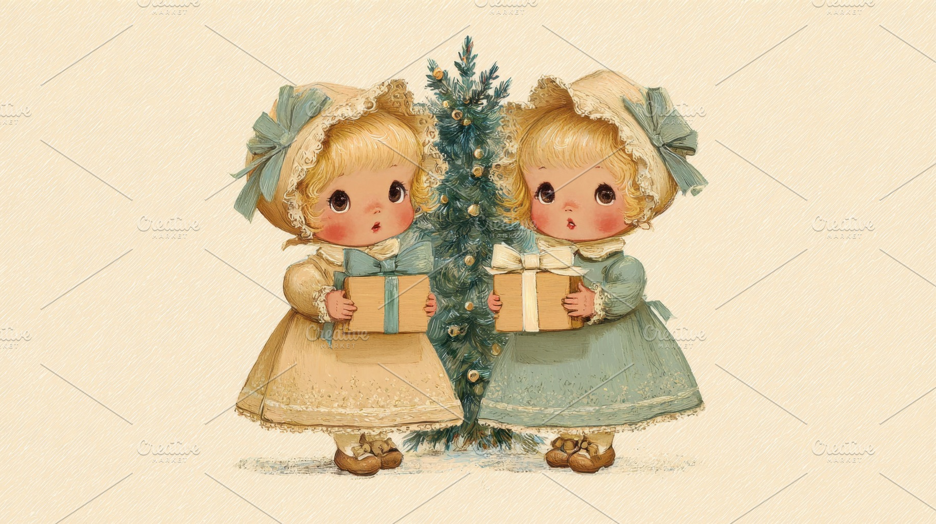 Two girls with presents by a tree, a Photo by Beautiful things