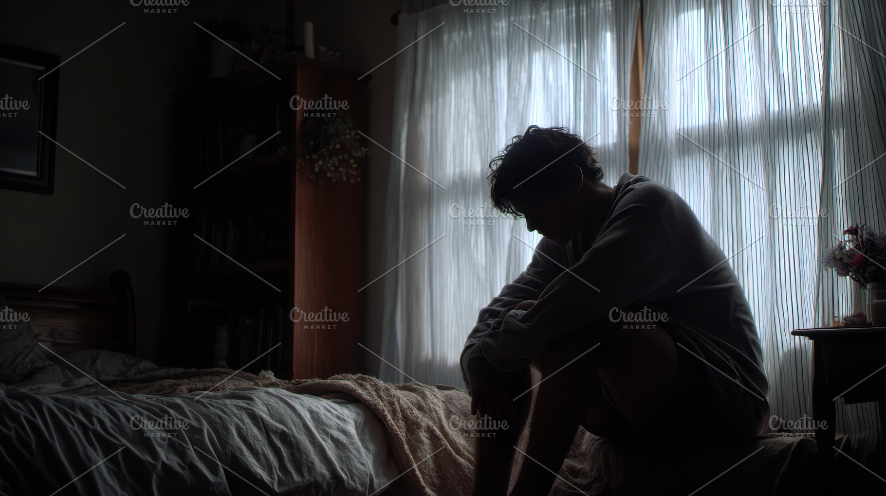 Person sitting alone by window feeli, a Photo by Pixeness Studio