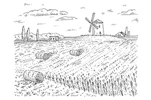 Windmill on wheat field. Vintage, an Object Illustration by MoreVector