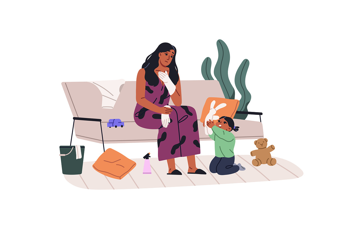 Tired housewife cleaning, cooking, a Person Illustration by PaperTrident (Photo 7 of 7)