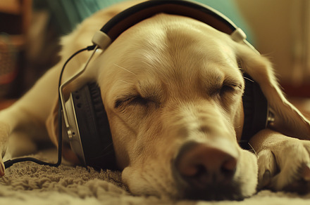 Sleeping Labrador dog with headphone, an Animal Photo by MistyDay