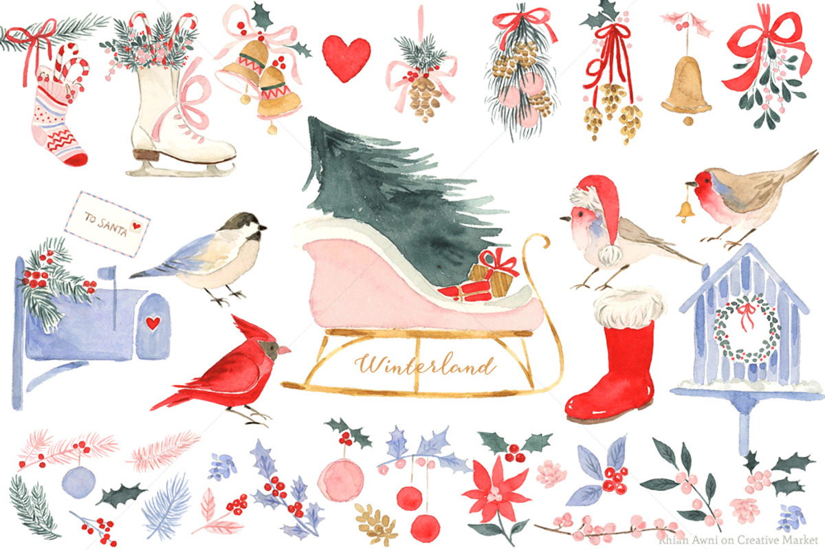 Watercolor Holiday Clipart Set, a Decorative Illustration by RhianAwni (Photo 2 of 4)