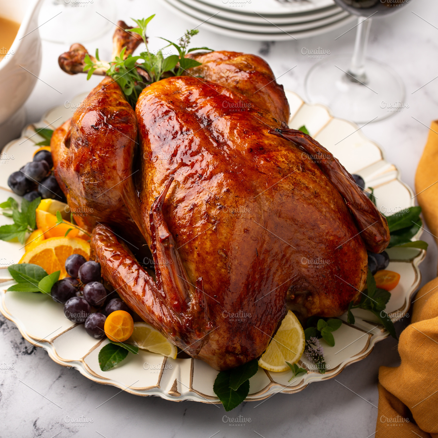 Thanksgiving or Christmas turkey on a serving plate, a Food & Drink Photo by farwasser
