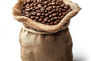 Roasted coffee beans in burlap sack, a Food & Drink Photo by Pixeness Studio
