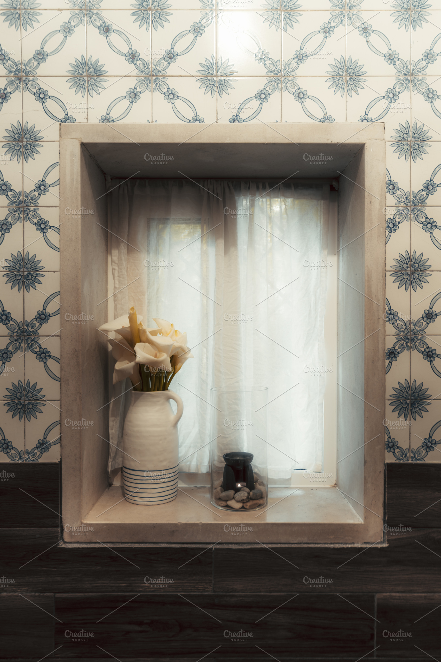 Window nook with flowers and tiles, an Architecture Photo by SkyNext