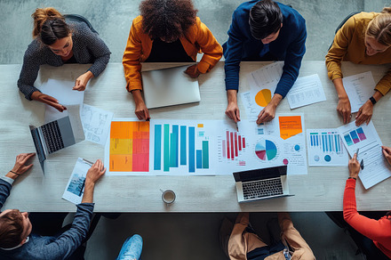 Diverse team collaborating on data a, a Background Photo by Pixeness