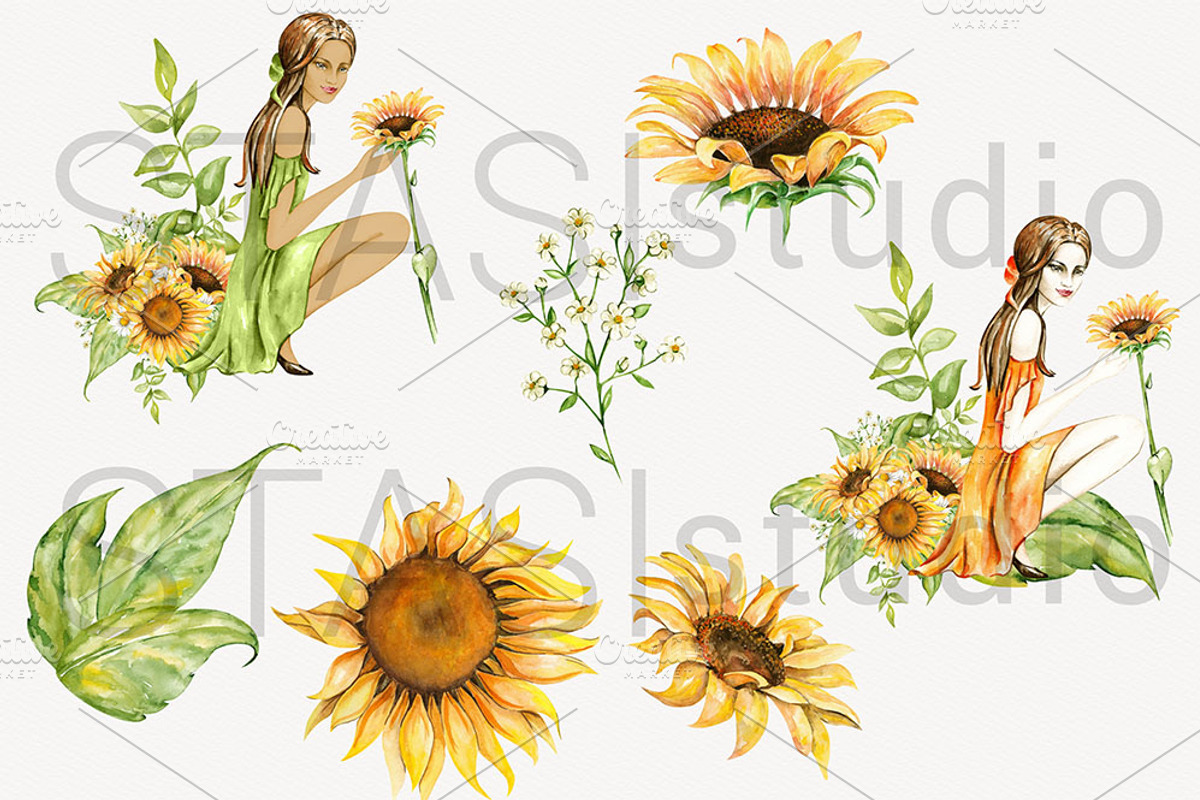 Watercolor Sunflower Girl Clipart, a Decorative Illustration by STASIstudio (Photo 3 of 3)