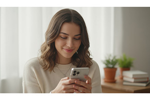 Young woman smiling while texting on, a Person Photo by Igor Tichonow