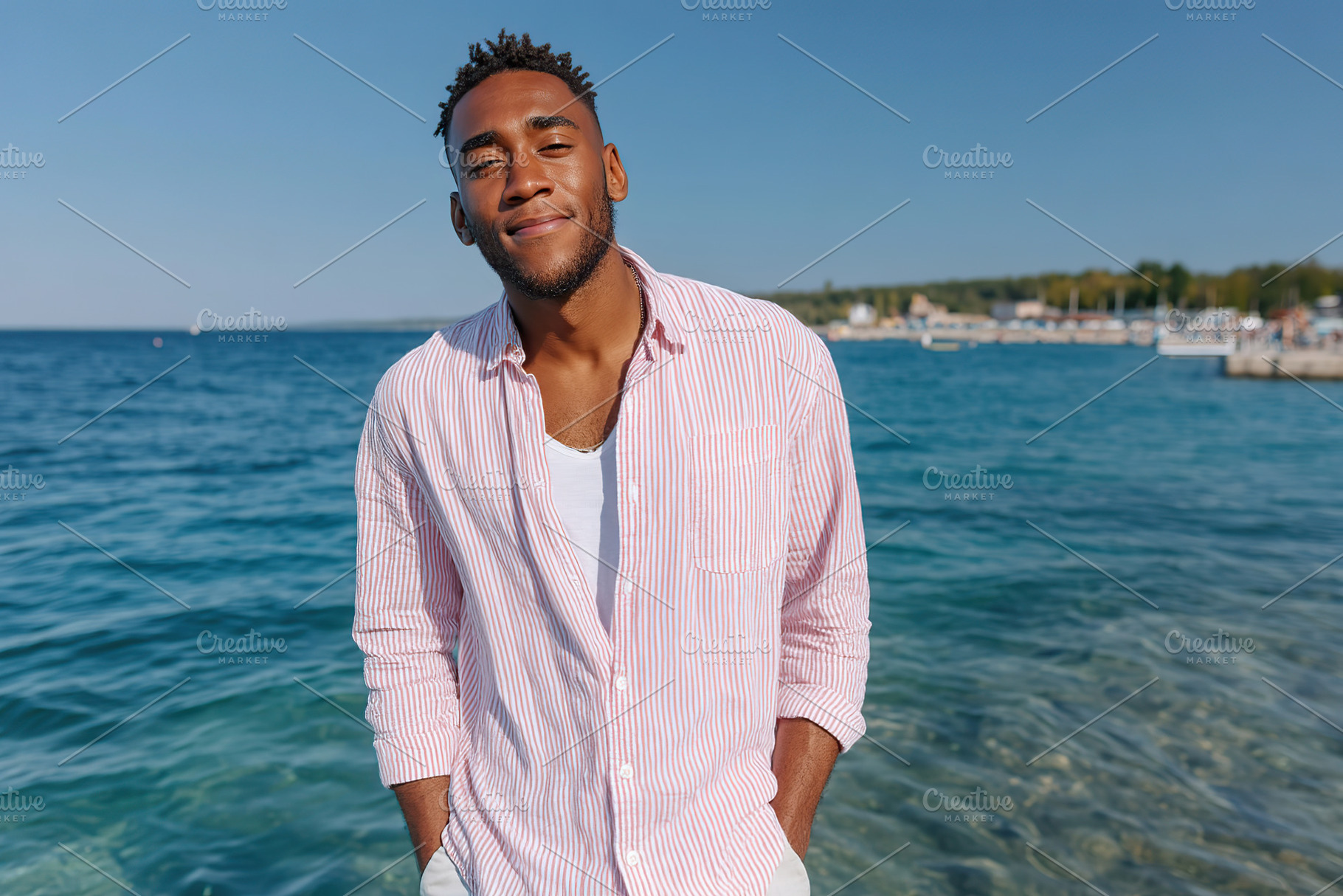 Man wearing a striped shirt smiles at the camera by the sea on a sunny day, a Person Photo by AlyaAnd