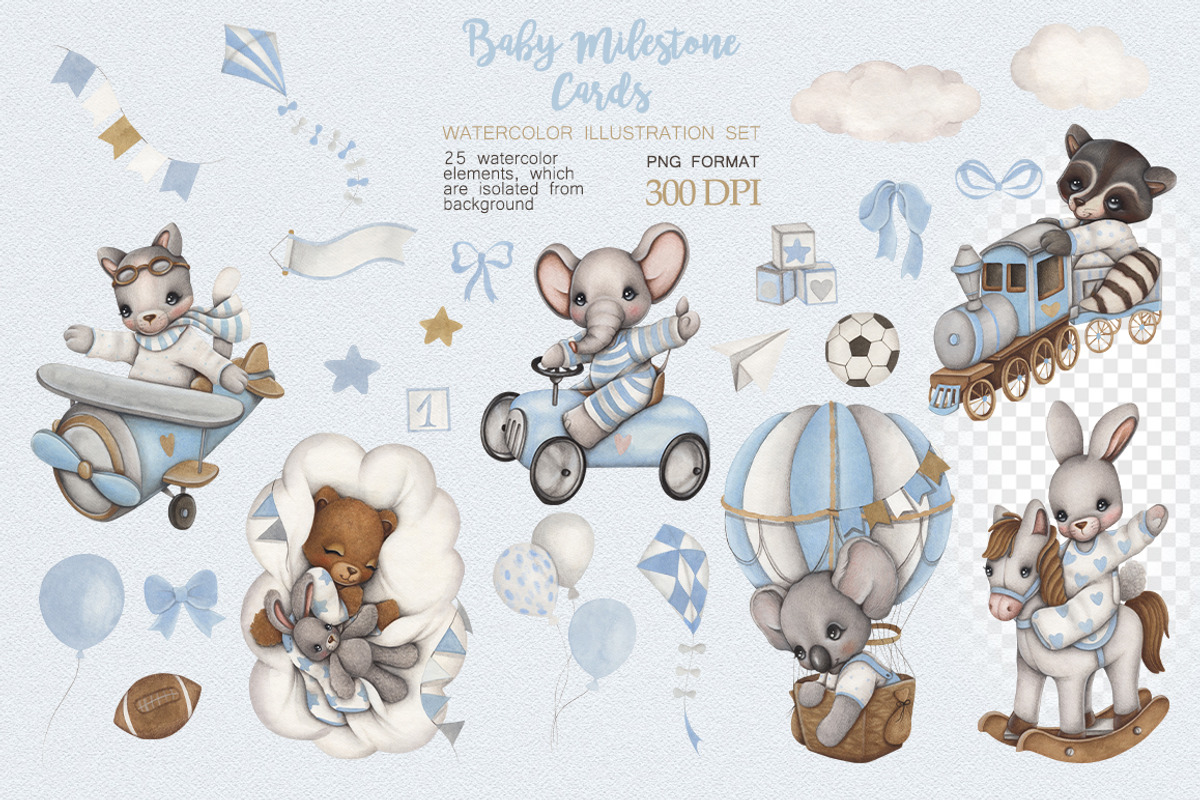 Watercolor Set Baby Milestone Cards, an Animal Illustration by ViktoriyaD (Photo 3 of 5)