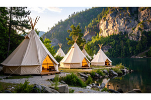 Luxury glamping teepees on a serene, a Nature Photo by Igor Tichonow
