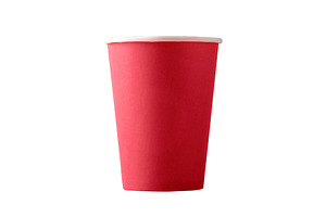 Single red paper cup with white rim on white background, perfect, a Food & Drink Photo by Ales Munt