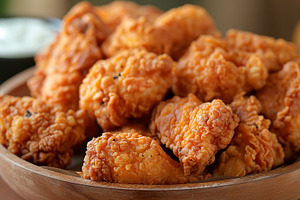 Golden-brown, crispy fried chicken pieces served in a wooden bow, a Food & Drink Photo by ImageMir