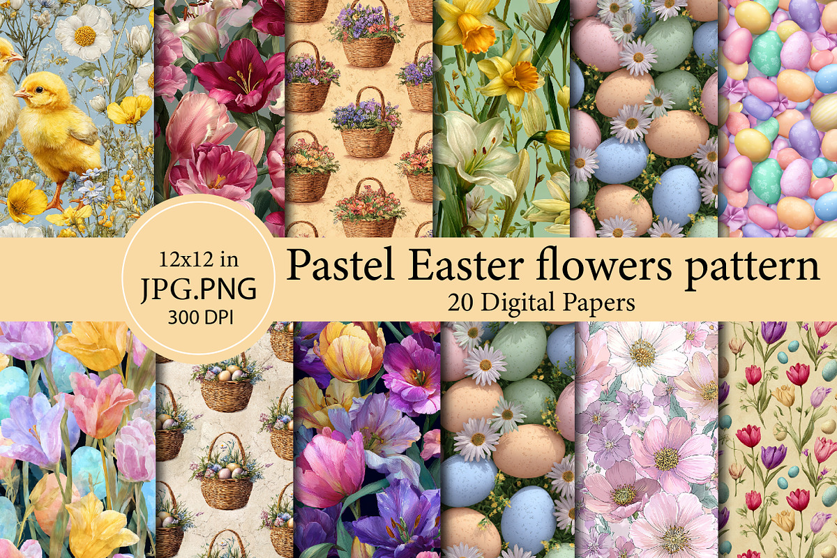 Pastel Easter flowers pattern, an Illustration by Designworld (Photo 1 of 4)