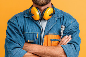Confident man in jacket with headphones, a Person Photo by AlyaAnd