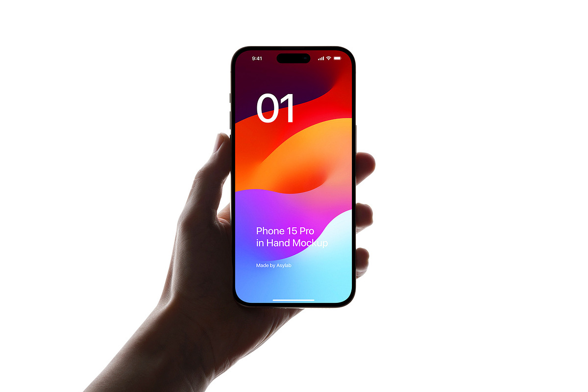 Phone 15 Pro Mockup in Hand, an iPhone Mockup by Asylab (Photo 1 of 4)