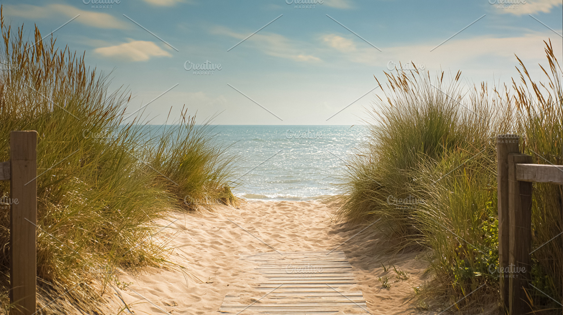 Wooden boardwalk leading through marram grass dunes to a sunny s, a Photo by Studio ANNA