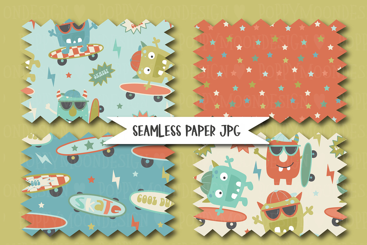 Monster skaters clipart & patterns, an Illustration by Poppymoondesign (Photo 3 of 5)