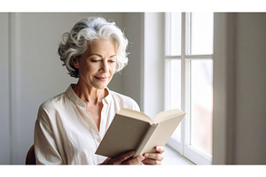 Smiling senior woman reading a book, a School & Education Photo by Igor Tichonow