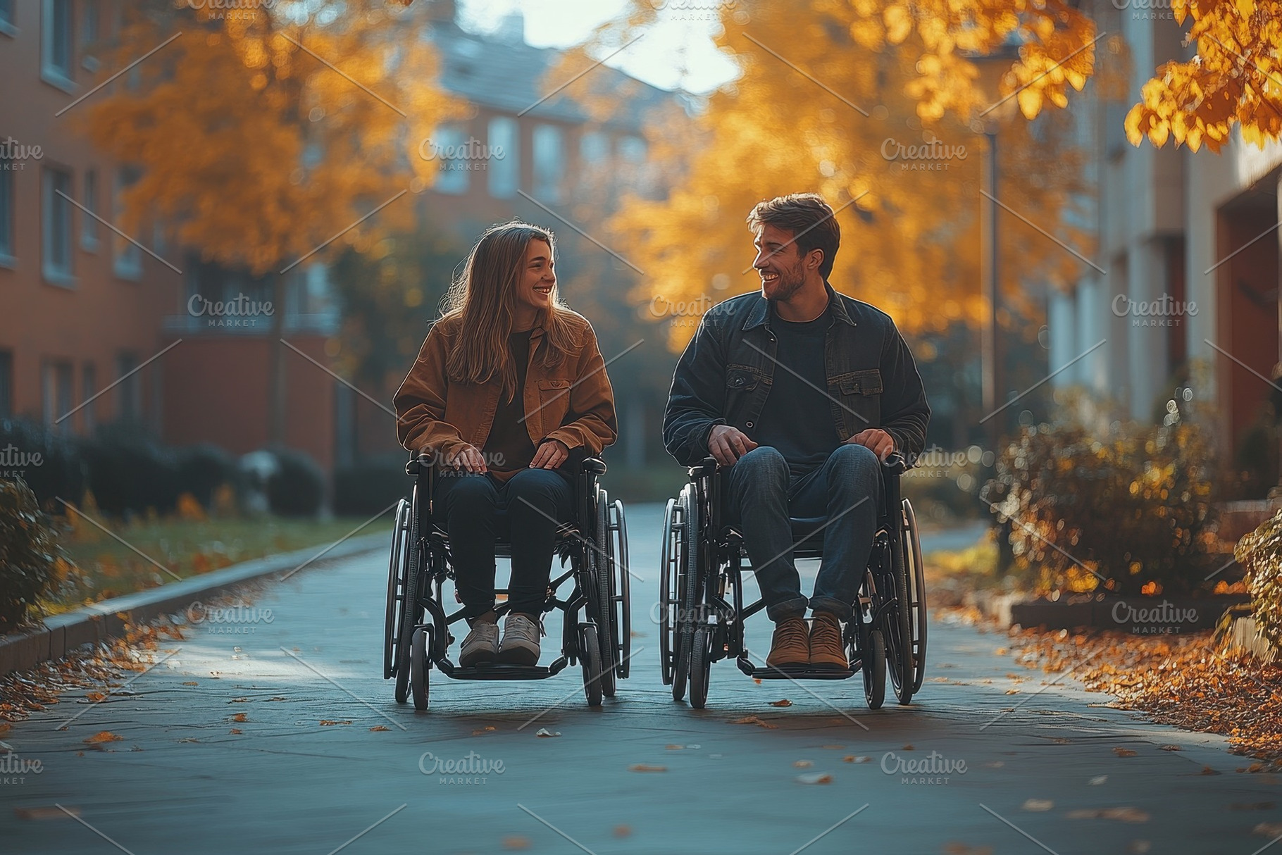 Couple in wheelchairs enjoying a str, a Photo by Tanuart