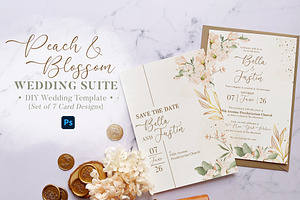 Peach & Blossom Wedding Suite, an Invitation Template by BlueRobinDesignShop