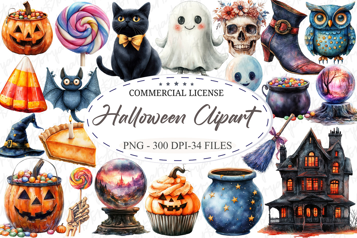 Watercolor Halloween Clipart, an Illustration by designcity5 (Photo 1 of 5)