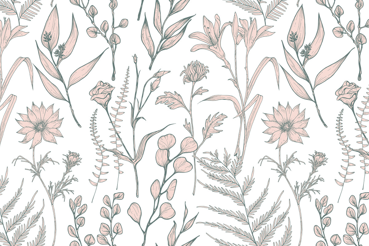 Hand drawn flowers set and seamless, a Decorative Illustration by Good Studio (Photo 6 of 11)