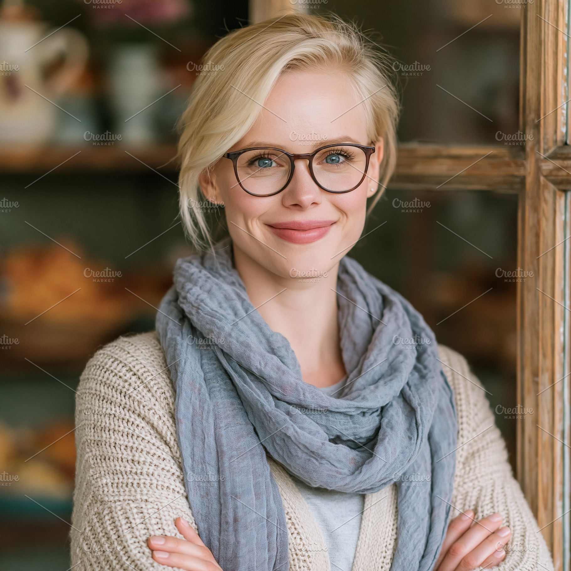 Blonde woman wearing glasses and blue scarf, smiling for portrai, a Person Photo by Studio ANNA