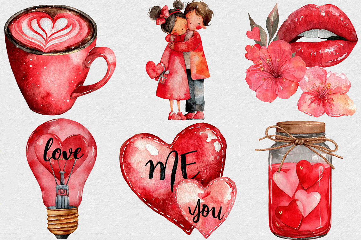 Watercolor Valentines day Clipart, an Illustration by DreamCafeArt (Photo 2 of 6)