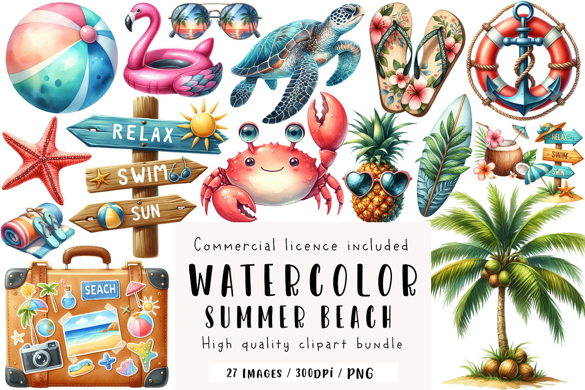 Summer Beach Watercolor Clipart, an Illustration by CreationArt (Photo 1 of 5)