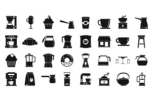 Coffee Shop Icons Set, Simple Style