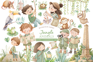 Watercolor Jungle Kids Clipart Set, an Illustration by MockupWizard