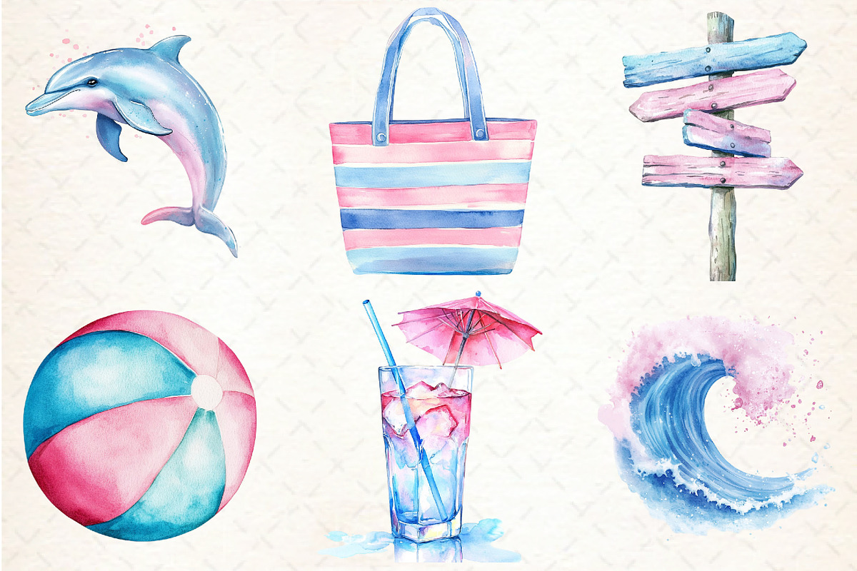 Summer Pink & Blue Coastal Clipart, an Illustration by Libby Wishes (Photo 4 of 5)