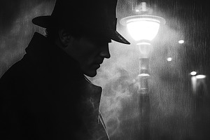 A mysterious man in a fedora, captured in silhouette amidst the rain and mist,, a Person Photo by ImageMir