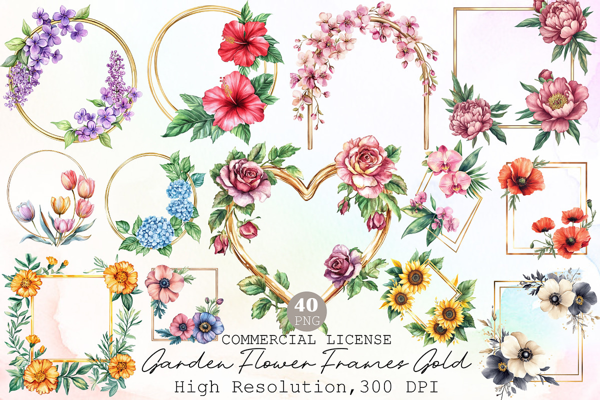 Garden Flower Frames Gold Watercolor, an Illustration by Sublimation Artist (Photo 1 of 6)