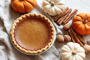 Homemade pumpkin pie surrounded by decorative pumpkins and spices on a cozy aut, a Food & Drink Photo by AlyaAnd