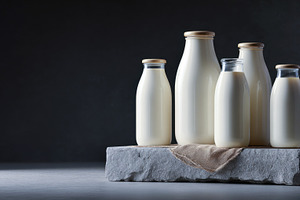 Milk bottles on a stone surface, a Photo by Beautiful things