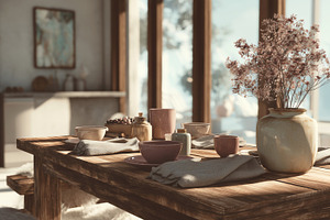 Rustic Dining Table with Ceramic Cup, an Architecture Photo by Ocean Digital Art